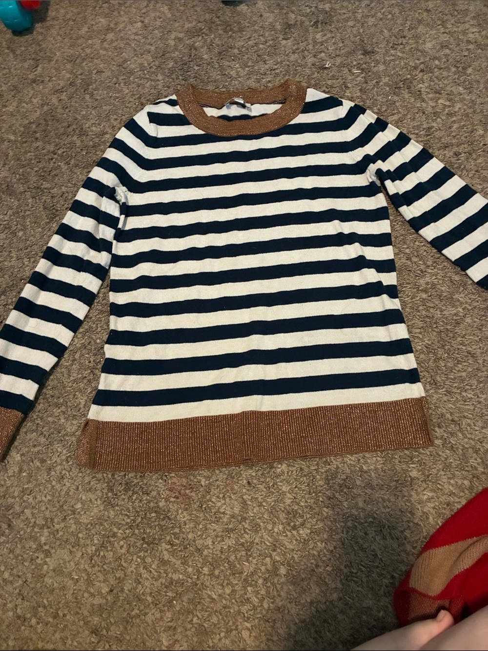 LOFT Striped Black & White Woman’s Sweater with Metallic Brown Trim